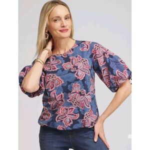 Chicos Floral Bubble Hem Top  Size M Lined Knit Blue Pink 3/4 Sleeve Stretch